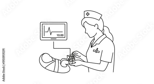Nurse monitors newborn baby's vital signs with medical equipment and heart monitor display