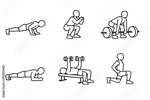 Simple vector set of gym gesture icons with clean shapes and minimal detail, showing push ups, lifting barbells, and warm up movements for fitness and training concepts.