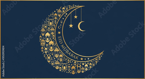 Elegant crescent moon ramadan mubarak design with gold details on dark blue background for festive occasions
