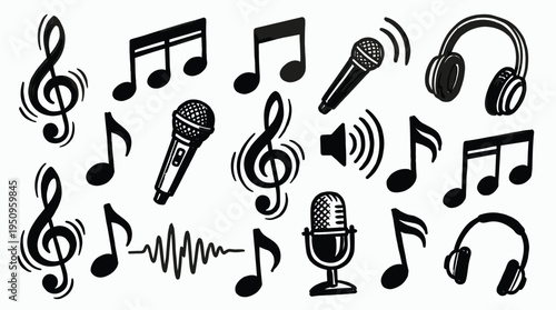 Music elements collection with notes microphones and headphones