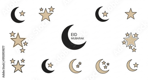 Eid mubarak festive crescent moons and stars in gold and black on white background for ramadan celebration