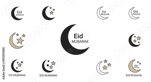 Eid mubarak islamic greeting symbols with crescent moon and stars in black gold and white colors for festive celebrations