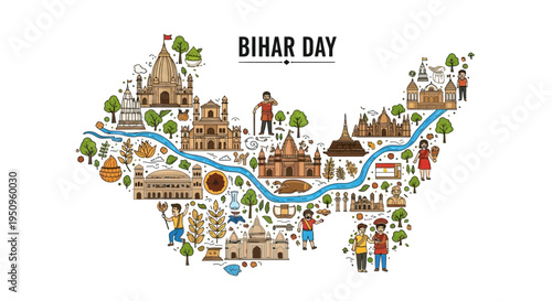 Illustration of Bihar Day celebration with various cultural and historical elements across the Indian state of Bihar, featuring landmarks, people, and traditions in a vibrant, colorful flat