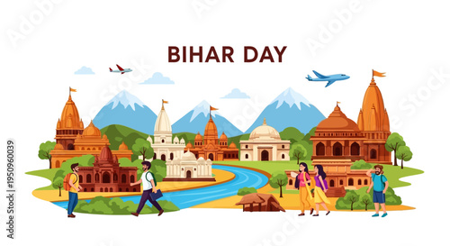 Illustration of Bihar Day celebration with people, temples, and mountains in a colorful, cultural scene.