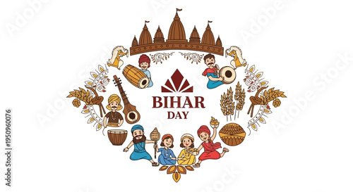 Illustration of Bihar Day celebration with traditional Indian designs and cultural elements in a circular composition with warm, earthy tones.