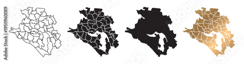Vector illustration of Krasnodar krai, Rassia map icons in various styles, featuring black and gold colors. Design symbols.