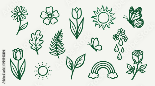 Hand Drawn Nature Elements Collection with Flowers and Butterflies