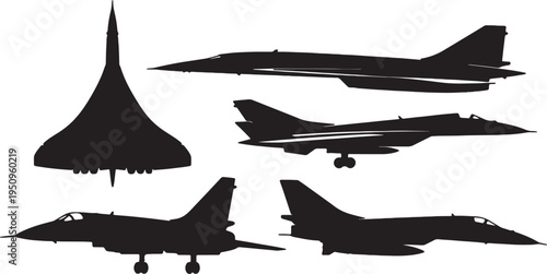 Silhouettes of various military aircraft in flight and stationary positions