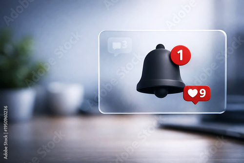 Notification bell with red alerts on blurred office background wooden desk plant