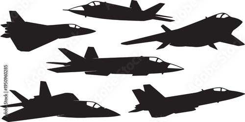 Six distinct silhouettes of modern military fighter jets in flight formation