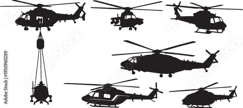 Assorted military helicopters in various operational silhouettes for visual reference