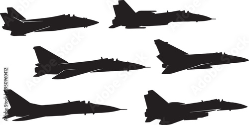 Six distinct military jet silhouettes in various orientations and designs