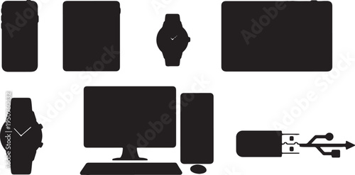 Assorted silhouettes of modern tech and gadget accessories
