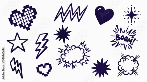 Set of doodle comic elements and pixel art icons