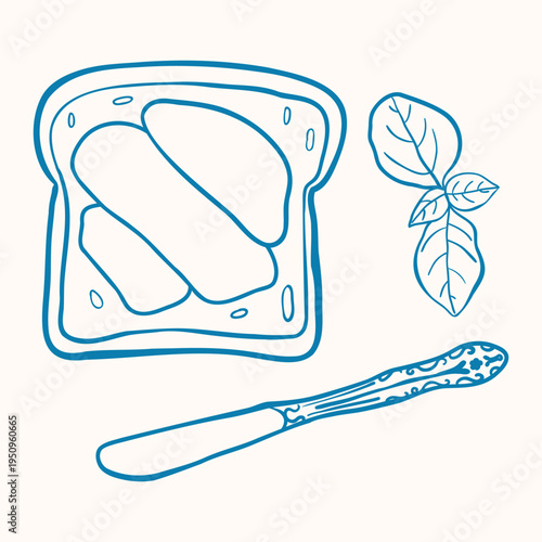 Hand drawn toast sandwich with knife and leaf decoration in simple doodle outline style. Breakfast food illustration ideal for cafe menus, recipe cards and packaging design.