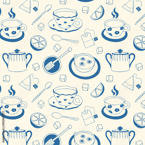 Whimsical hand drawn tea seamless pattern in Mediterranean ceramic style. Cute doodle pattern with teacups, lemon slices, sugar cubes, tea bags and honey dipper. Cozy kitchen food background perfect f