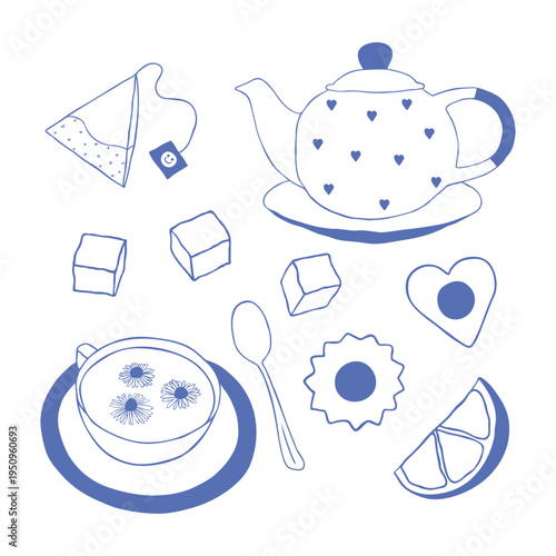 Cute whimsical hand drawn tea set with teapot, tea cup, chamomile drink, lemon and tea bags. Cozy kitchen doodle illustration perfect for cafe menu, tea packaging and food themed design.