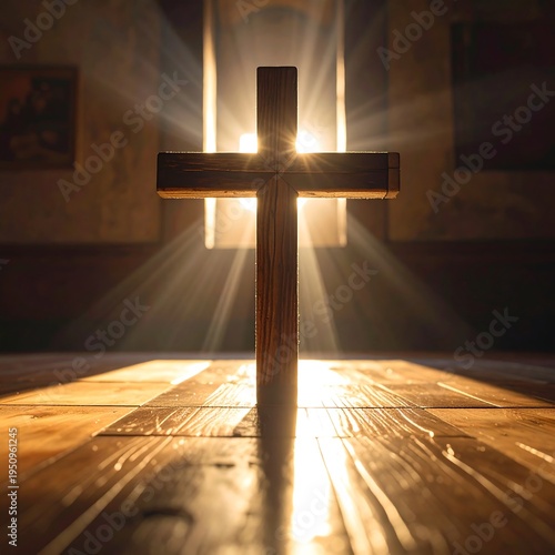 A wooden cross on a table with sunlight shining through