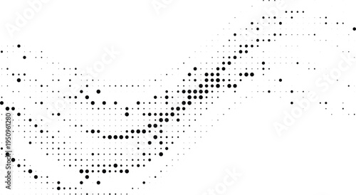 Abstract wavy halftone design concept with black dots texture and flowing liquid particles isolated on white background.
