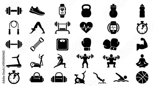 Collection of fitness icons including weights, exercise equipment, and health monitoring devices