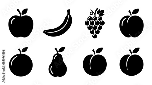 A collection of various fruit silhouettes arranged in a grid pattern, showcasing apples, bananas, grapes, oranges, and pears