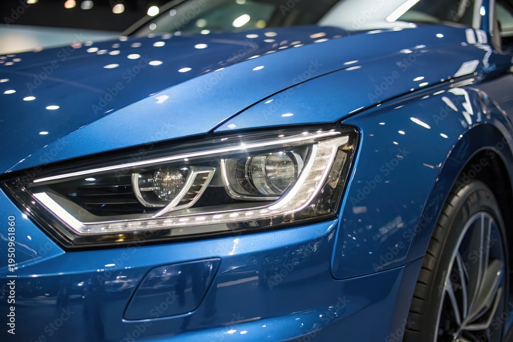 Fototapeta premium Blue car gleams under showroom lights