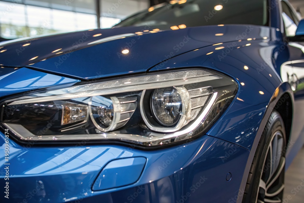 Fototapeta premium Blue car gleams under showroom lights