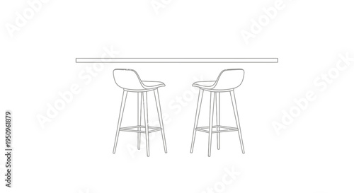 Modern Bar Counter with Two Stools, Minimalist Line Art Illustration