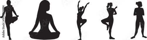 collection of silhouettes of woman performing yoga isolated on white transparent background