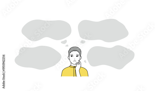 悩む男性が考え中の疑問と不安を表すシンプル人物イラスト