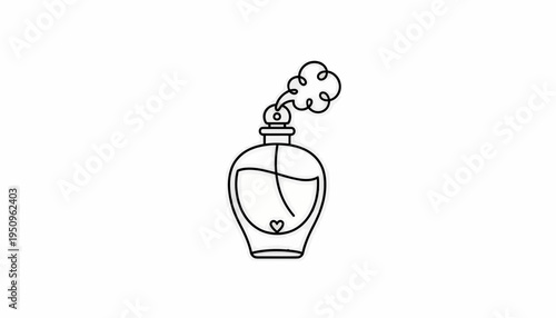 Minimalist perfume bottle icon with a heart and a puff of scent, simple line art.