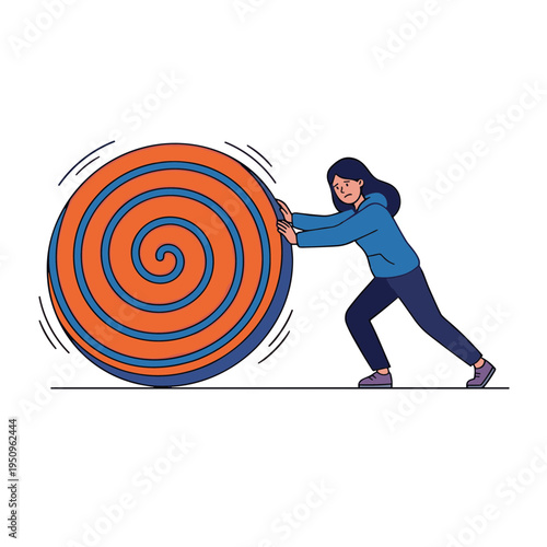 Woman pushing large colorful swirling wheel forward with effort