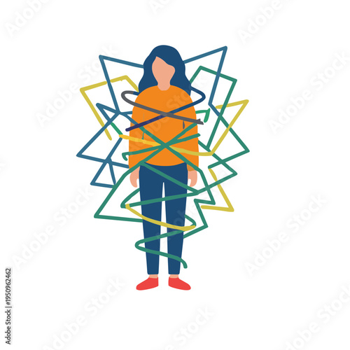 A woman struggles with multiple colorful geometric shapes wrapped around her body in a chaotic scene.