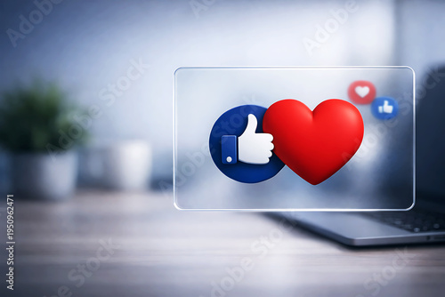 Facebook like and heart on a transparent screen with laptop and plant in background
