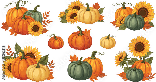 Autumn Harvest Collection with Pumpkins, Sunflowers, and Fall Leaves in Warm Orange, Green, and Yellow Tones