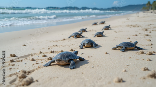 Newly hatched baby turtles scramble towards the ocean on a sandy beach, New born hatched baby turtles scrambling seaward Melbourne Florida