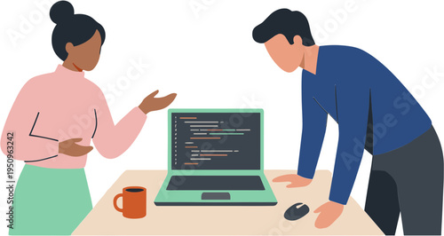 Two people discussing code on a laptop at a desk indoors