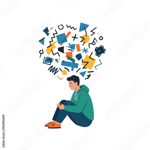 A man sits thoughtfully with creative symbols floating above his head.