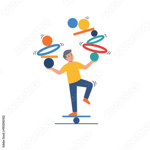 Man skillfully juggles colorful balls and spirals on balance board in lively performance