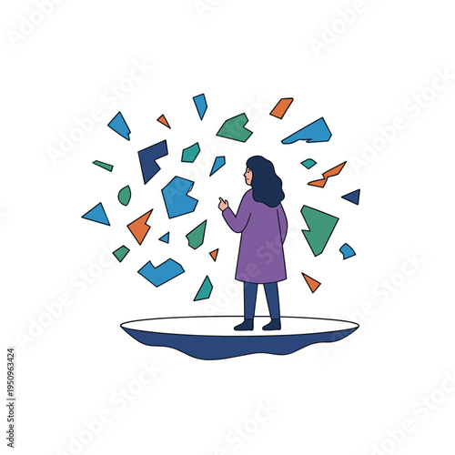 Woman standing on platform surrounded by colorful puzzle pieces floating around