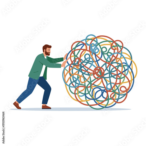 Man struggles to push a large tangled ball of colorful ropes uphill.