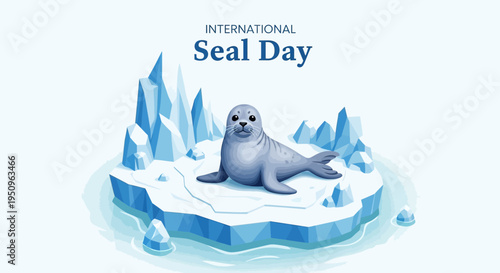 A gray seal lies on a melting ice floe surrounded by icebergs with a light blue background on International Seal Day to raise awareness for marine mammal conservation and seal conservation.