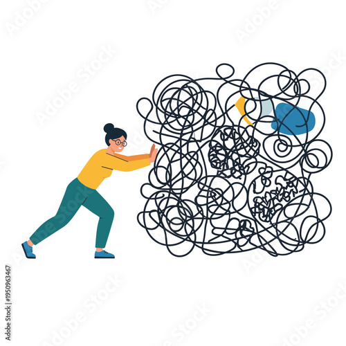 A woman struggles to push a large tangled mess of black lines with a lightbulb on top.
