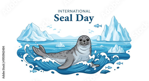 Vector illustration of a seal swimming in icy waters on International Seal Day, promoting marine mammal conservation awareness with a cold color palette and stylized design elements.