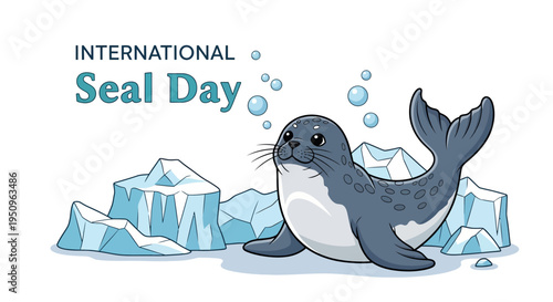 A cartoon seal surrounded by icebergs and bubbles on International Seal Day, promoting marine mammal conservation awareness with a playful design.