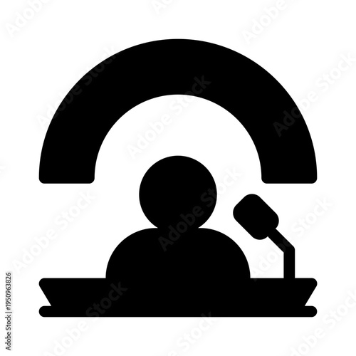 Speaker person podium, microphone under an arch. Suitable for presentations, public speaking events, conferences, seminars, business meetings, lectures.
