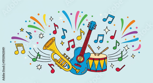 Colorful musical instruments with notes and fireworks on light blue background symbolizing joy and celebration in music