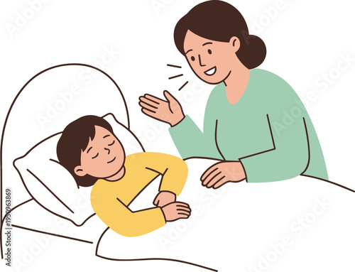 A woman checks on a sleeping boy in bed with a concerned expression