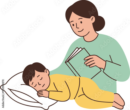 Woman reads to sleeping child in bed indoors