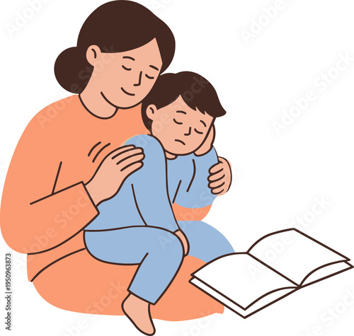 Woman comforting a sleeping child while reading a book together indoors